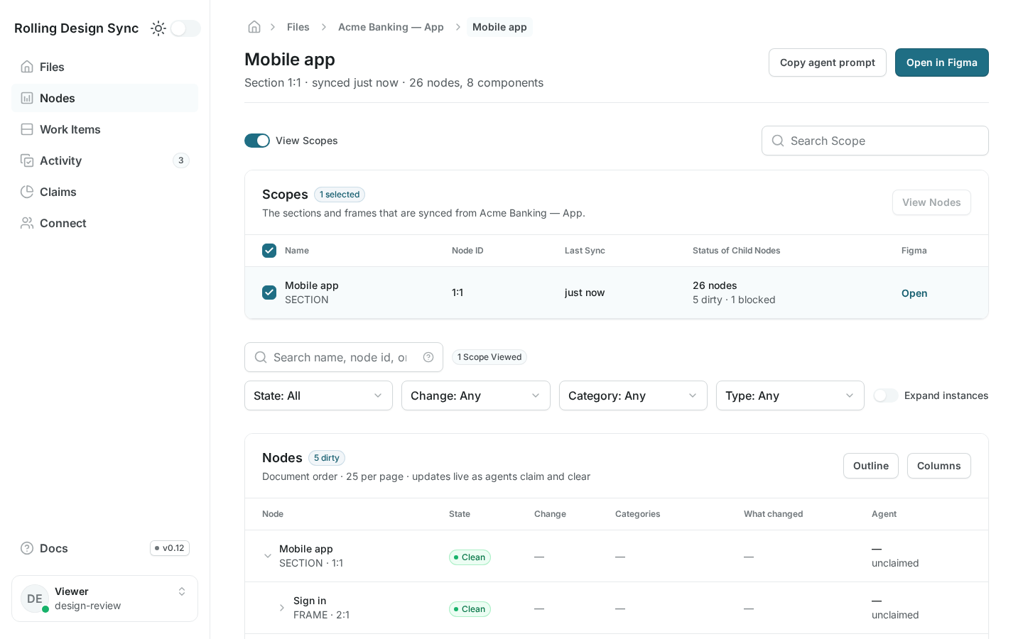 Rolling Design Sync portal showing a node-by-node queue of design changes and agent claims
